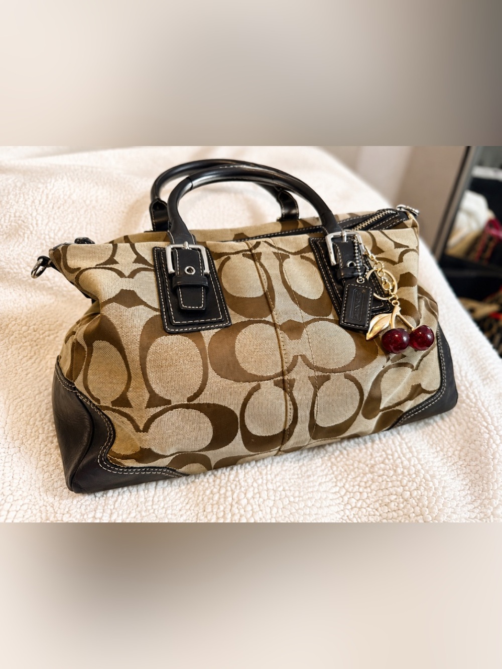 Coach Khaki and Brown Signature Satchel with Black Trim